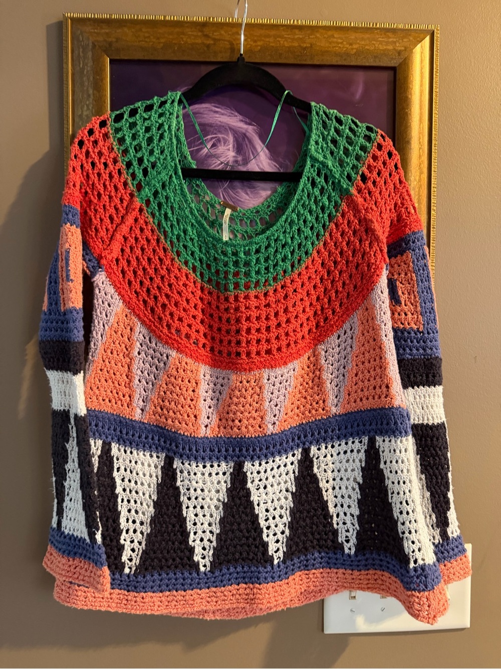 Free People NWOT Colorblock Crochet Sweater Size Small Boho Oversized